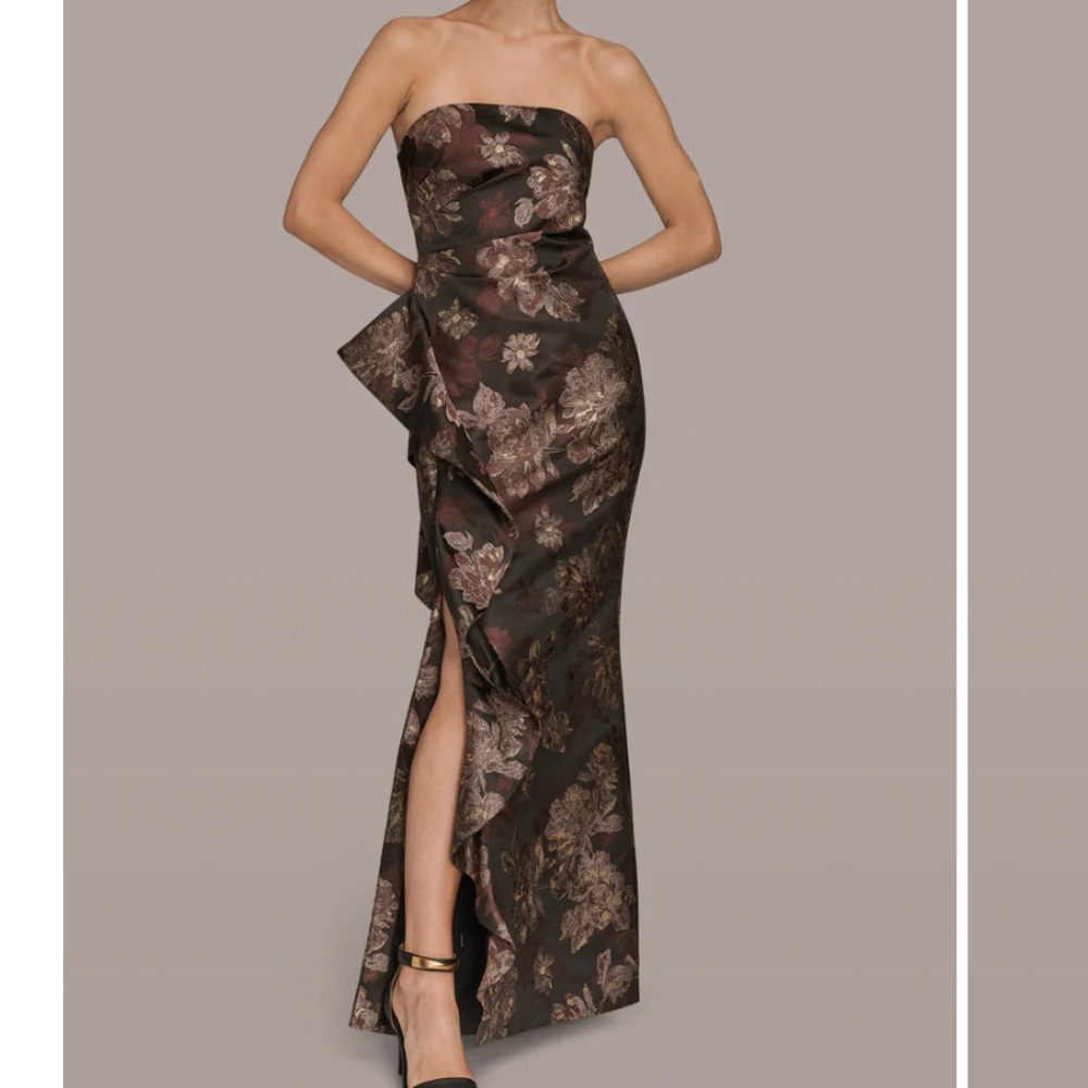 Donna Karan Strapless Floral Midi Dress in Dark Brown and Rose